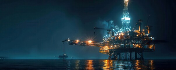 Fototapeta premium Nighttime operation of an oil rig with bright lights illuminating the structure, oil rig,