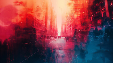 Fototapeta premium Abstract, vibrant depiction of a futuristic cityscape in red hues.