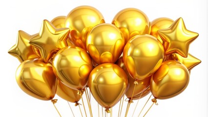 Vibrant yellow and golden inflatable foil balloons in various shapes and sizes, with bright yellow numbers, isolated on a clean white background.