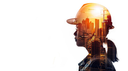 Portrait of a construction worker man with safety helmet letting see city buildings under construction. Transparent background or PNG file