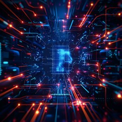 Fototapeta premium Blue glowing Bitcoin symbol in futuristic motherboard. Digital currency, blockchain and fintech concept.