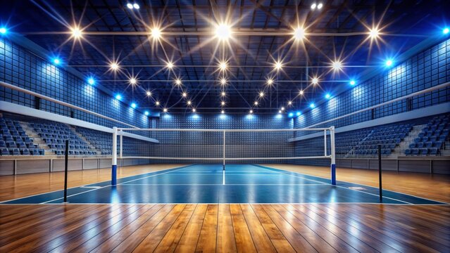 Empty professional stadium with net and court markings illuminated by bright lights awaiting intense female volleyball competition action.