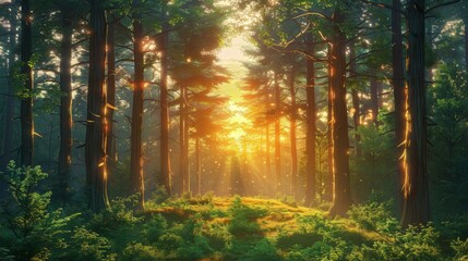 Obraz premium Glowing Sunlight Filtering Through the Tall Trees of an Enchanting Forest Glade