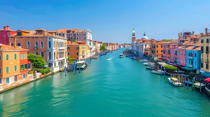 Obraz premium A view of Venice from a bridge with colorful buildings and a boat passing by