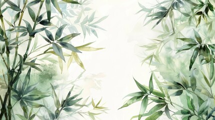 Fototapeta premium Delicate Bamboo Foliage Watercolor Painting with Muted Green Leaves and White Background