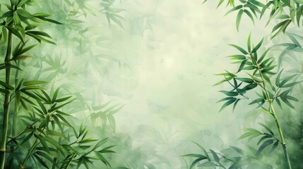 Obraz premium Watercolor painting of bamboo leaves and stalks on a misty green background