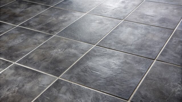 Dark grey ceramic floor tiles being arranged on a adhesive surface in a neat pattern with slight spacing and grout lines.
