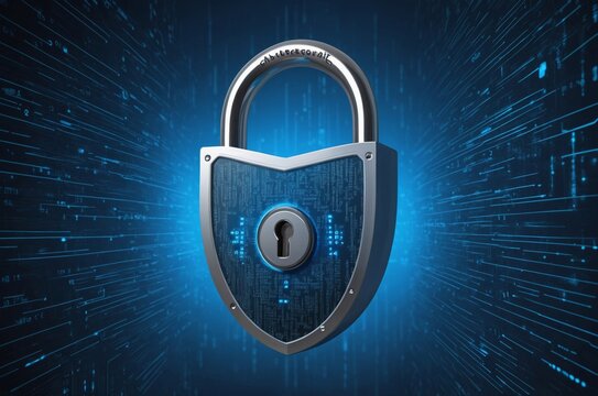 Digital shield with lock symbolizing cybersecurity against binary code background