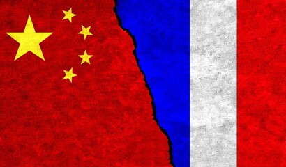 France and China flag together on wall. China France relations. France vs China
