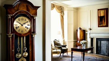 A majestic grandfather clock with a polished wooden case and ornate brass pendulum, standing in the corner of a stately living room