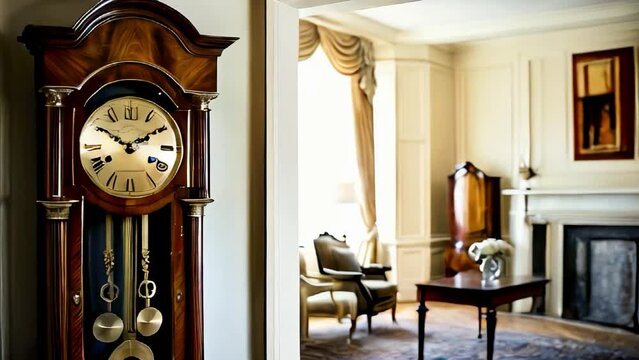 A majestic grandfather clock with a polished wooden case and ornate brass pendulum, standing in the corner of a stately living room
