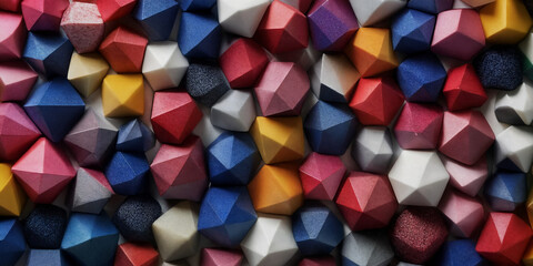 Buntes geometrisches Muster aus facettierten Polyedern in lebhaften Farben wie Blau, Rot, Gelb und Rosa, das eine lebendige und dynamische dreidimensionale Komposition darstellt