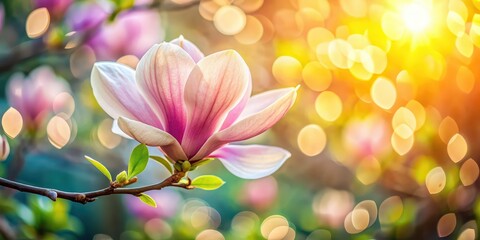 Fototapeta premium Blossom Magnolia flower on tree with nature background and beautiful bokeh, Magnolia, blossom, flower, tree, nature, background