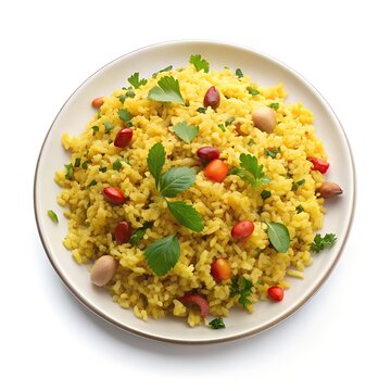 indian healthy tasty food poha isolated on white background top view