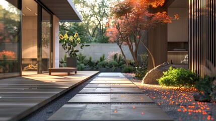 Obraz premium Modern Outdoor Patio with Pathway and Plants