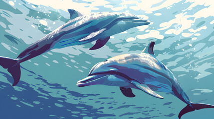 Naklejka premium simple but realistic colorful illustration of two dolphins swimming underwater