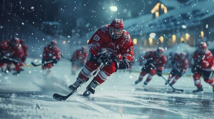 Vibrant 3D illustration of hockey game with dynamic action.