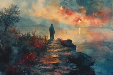 Fototapeta premium Tranquil scene of Jesus Christ in worship against a watercolor backdrop for meditation.