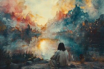 Tranquil scene of Jesus Christ in worship against a watercolor backdrop for meditation.