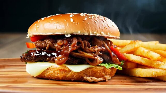 Savory pulled pork burger with melted cheese and fries