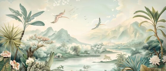 Tropical Exotic Landscape Wallpaper. Hand Drawn Design. Luxury Wall Mural