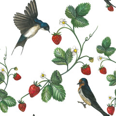 Watercolor pattern of illustrations of a swallow and a strawberry. Hand drawn, isolated on...