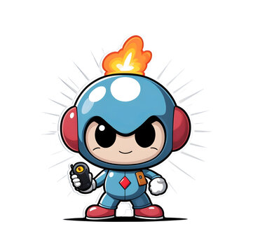Create a cute and charming logo featuring a flirty male bomb character inspired by the 80's Bomberman game and the style of Cuphead. The design should be in black and white only, with no background. T