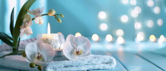 Spa salon light blue composition in wellness center. Spa still life background with aromatic candle, orchid flower and towel. Beauty spa treatment and relax. Relaxing background