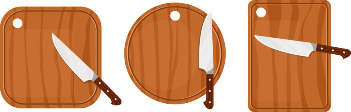 set of wooden cutting boards with knives