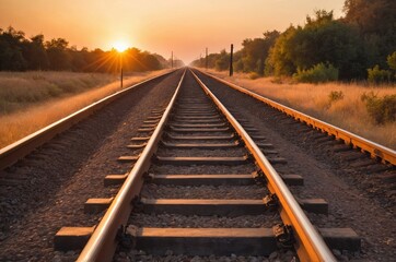 Fototapeta premium Scenic view of railroad tracks stretching towards bright glowing sunset