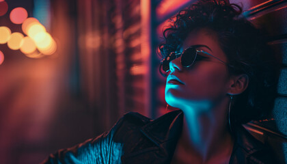 Woman with curly hair and sunglasses in a neon-lit urban setting, exuding a cool and edgy vibe with vibrant colors and a modern backdrop
