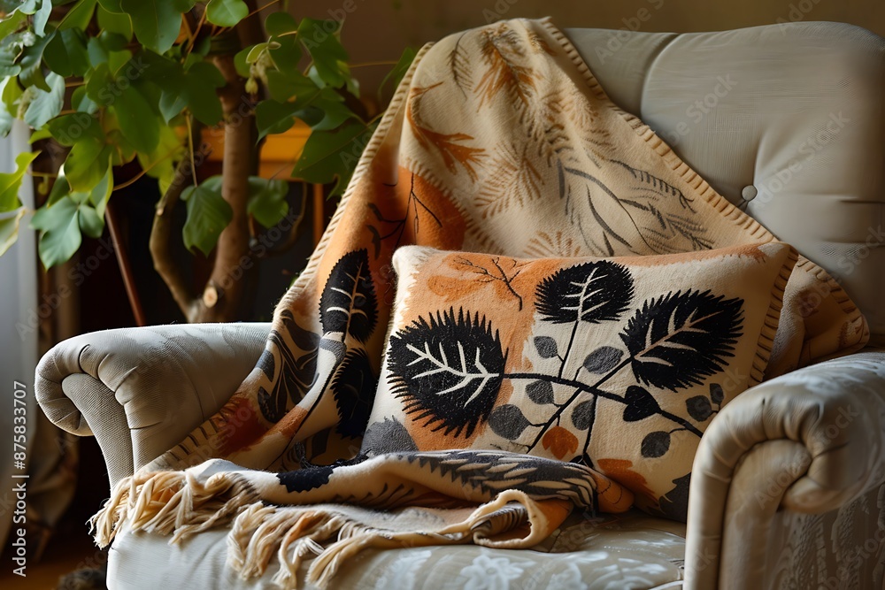 Fototapete cozy blanket with autumn leaf patterns draped over plush armchair set against warm neutral backgroun