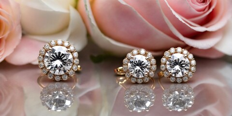 Diamond Earrings on a Rose Background.