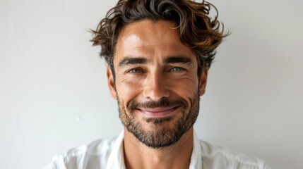 Obraz premium Portrait of a handsome smiling man with light blue eyes and dark hair wearing a white shirt