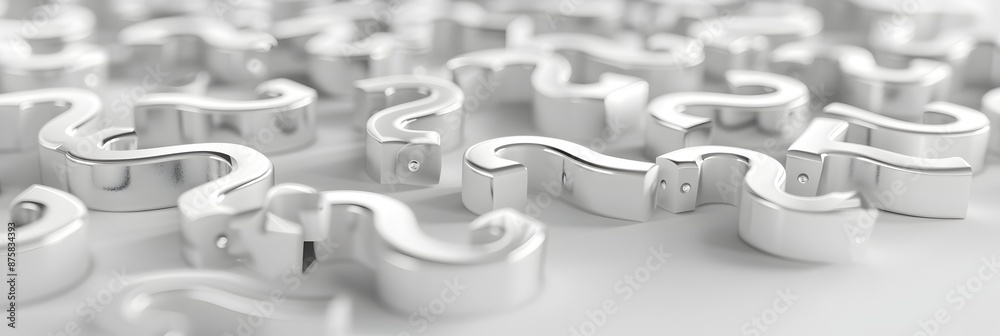 Poster a large number of question marks arranged in an abstract pattern on a white background, in a 3d rend
