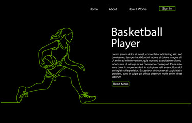 One line drawing basketball player, dribbling a ball to basket. Continuous single hand drawn vector illustration, landing page concept. Pro vector