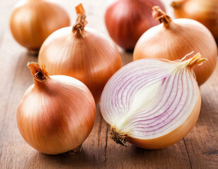 Fototapeta premium Collection of onions in different angles isolated on white background.