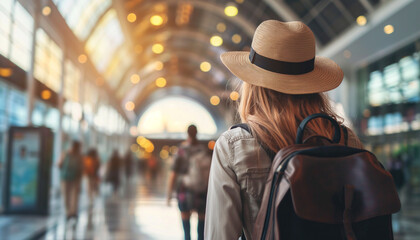 Traveler with a backpack and hat walking through a busy airport terminal, capturing the excitement and movement of travel