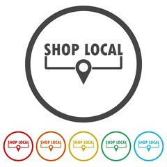 Shop local icon. Set icons in color circle buttons