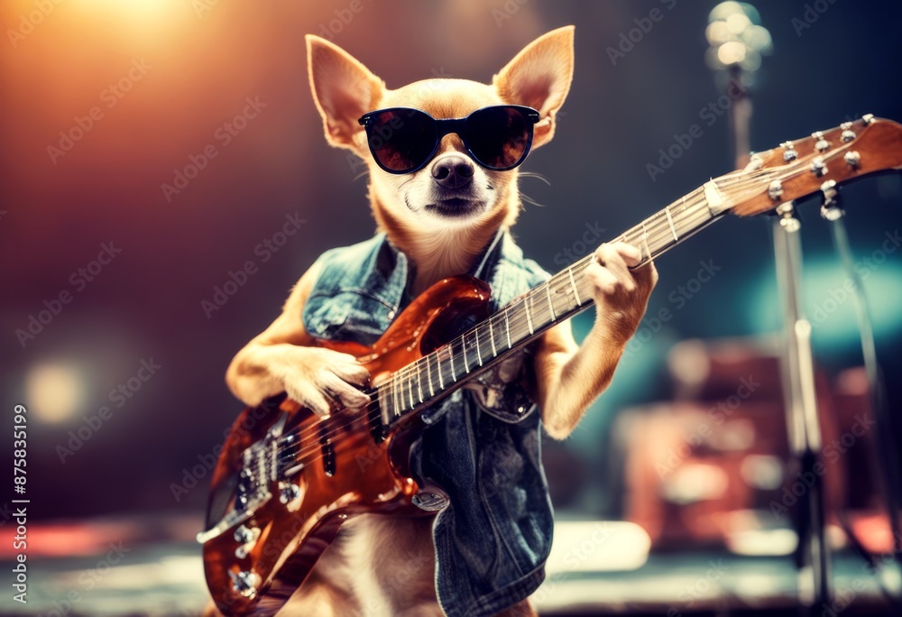 Wall mural talented chihuahua dog hall guitar sunglasses n stage performing modern collage professional hobby s