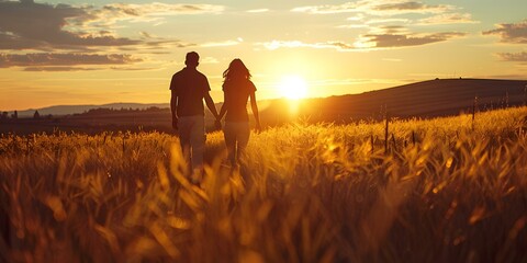 Couple holding hands in a wheat field at sunset