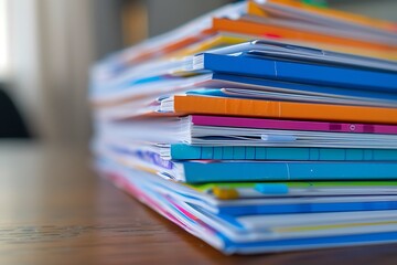 A neat stack of worksheets and handouts prepared for the first day of school, each with a colorful cover page.