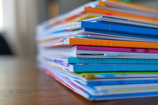 A neat stack of worksheets and handouts prepared for the first day of school, each with a colorful cover page.