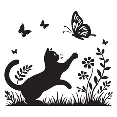 elegant black and white illustration of a cat interacting with butterflies in a garden setting, perfect for nature and animal themes