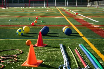 A sports field with various equipment set up for a physical education class, including balls, cones, and jump ropes.