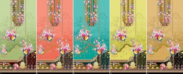 Indian Suit Kurtid Digital Design Motif Flower Colorful Stock Illustration Pakistani Kurti