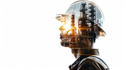 Portrait of a construction worker man with safety helmet letting see city buildings under construction. Transparent background or PNG file.