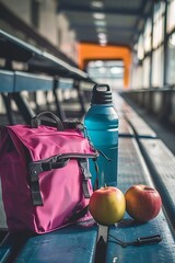 A vibrant image of a lunch bag and sports water bottle ideal for fitness enthusiasts laid out on a gym bench.