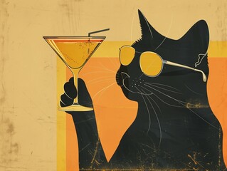Black cat with sunglasses enjoying martini. Funny stylish poster banner for a bar