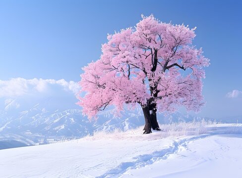 A beautiful winter scene of a snow-covered field with a large cherry tree in full bloom.